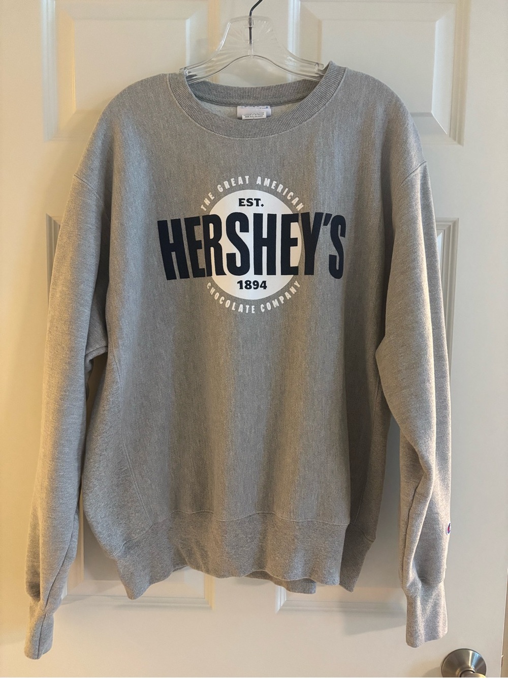 Hershey Grey Unisex Champion sweatshirt. Size adult Large. Like New condition.